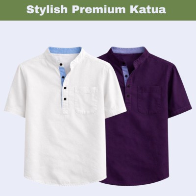 2 pcs Herringbone Fabrics Half sleeve Katua (White & Maroon)