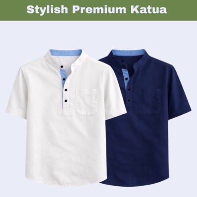 2 pcs Herringbone Fabrics Half sleeve Katua (white & navy blue))