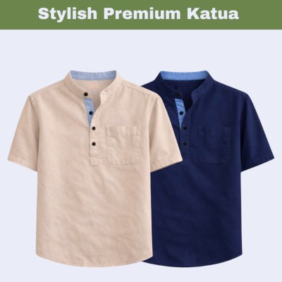 2 pcs Herringbone Fabrics Half sleeve Katua (Cream & sky blue)