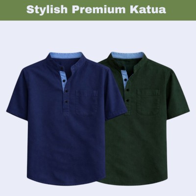 2 pcs Herringbone Fabrics Half sleeve Katua (NavyBlue & green)