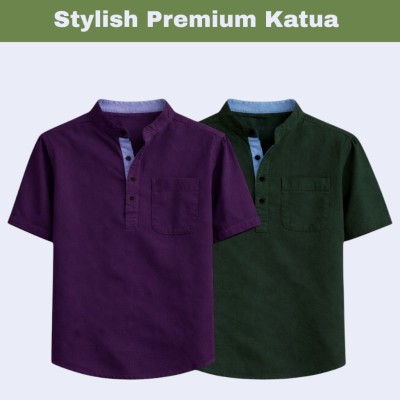 2 pcs Herringbone Fabrics Half sleeve Katua (maroon & green)