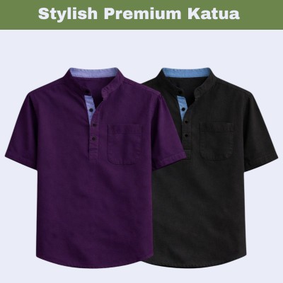 2 pcs Herringbone Fabrics Half sleeve Katua (Maroon & Black)