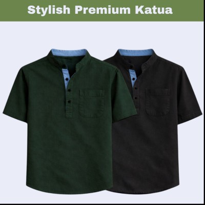 2 pcs Herringbone Fabrics Half sleeve Katua (Green & Black)
