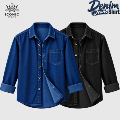 2 Pcs Combo New Denim Jeans Shirt- Deep Blue & Black