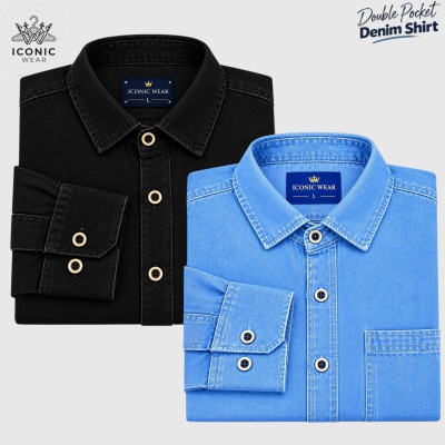 2Pcs Denim Jeans Shirt - Black & Light Blue