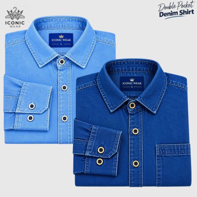 2Pcs Denim Jeans Shirt - Deep blue & Light Blue